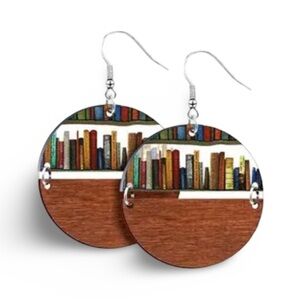 Library Bookshelf Wooden Circular Round Earrings School Teacher Librarian Read